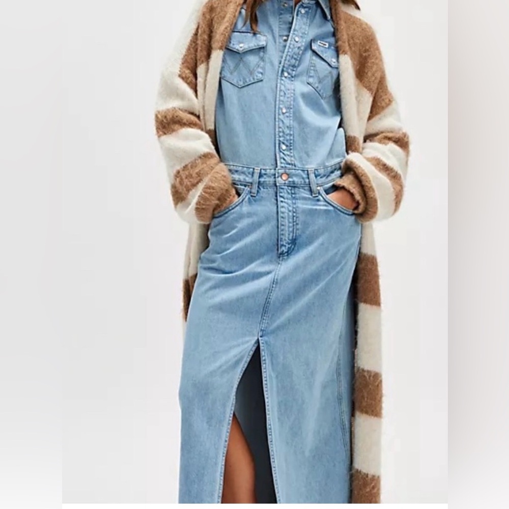 NWT Wrangler x Free People Denim Dress Front Slit Pearl Snap XS Boho Western